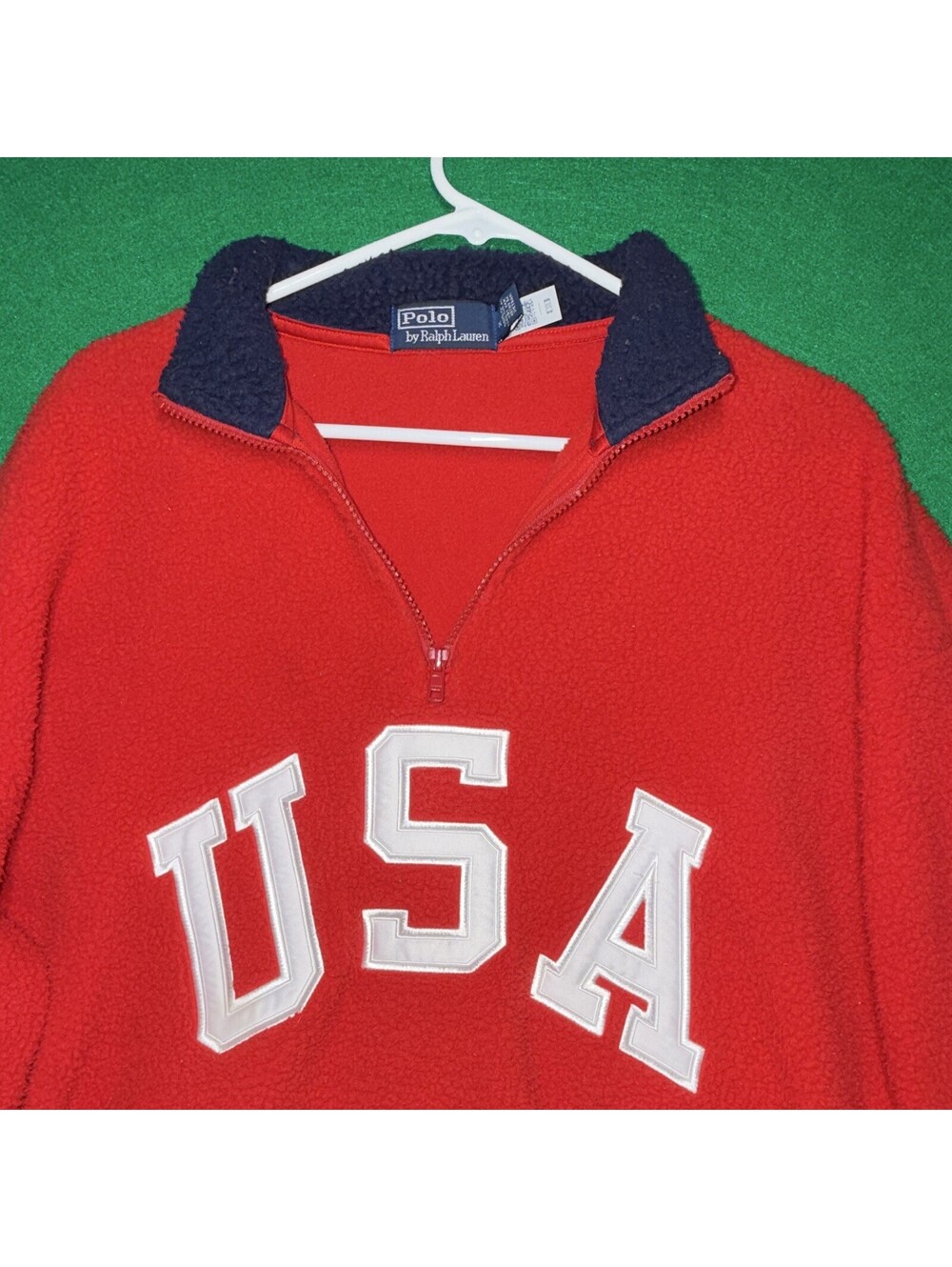 Vintage Polo Ralph Lauren USA Fleece Pullover 1/4 Zip Red Navy Blue Medium